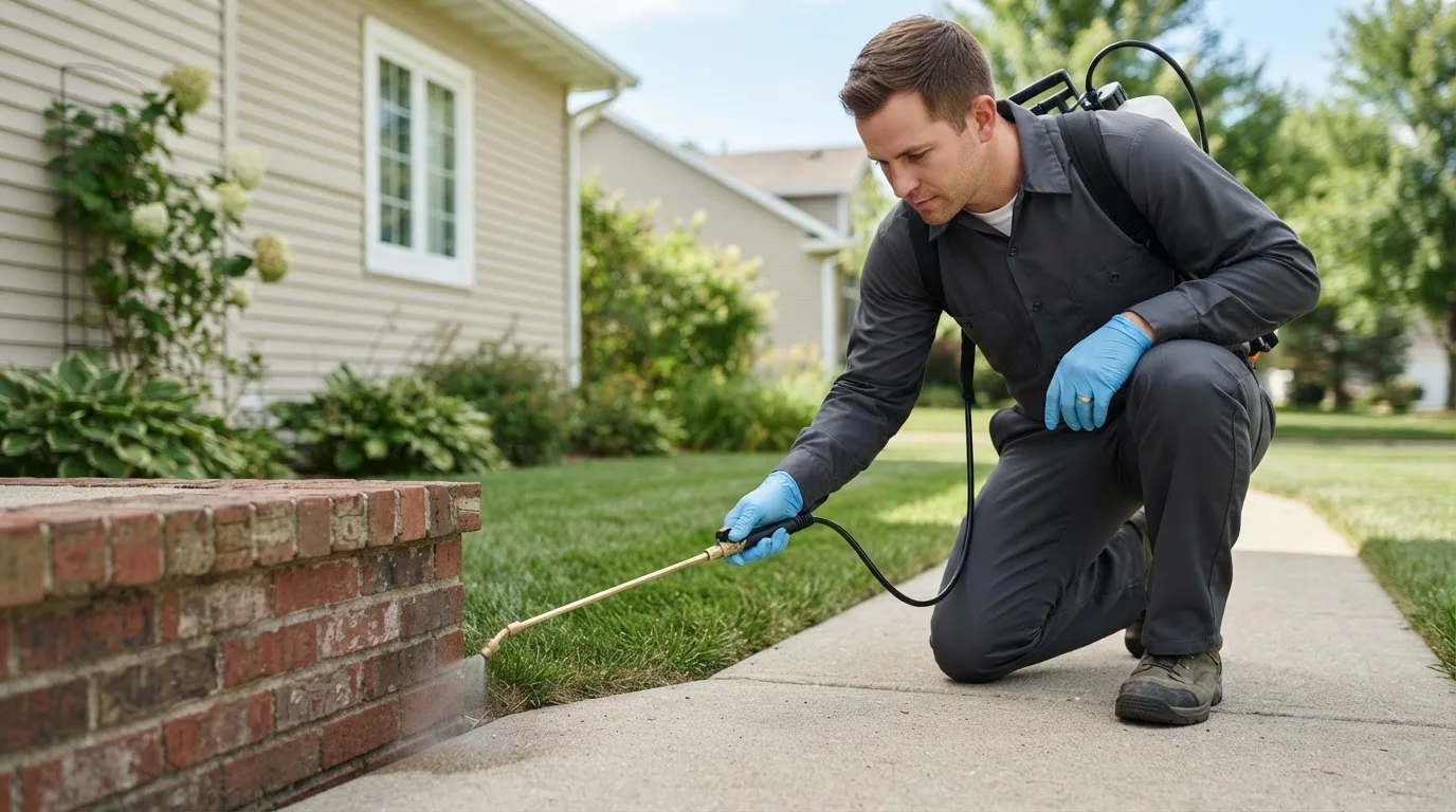 Pest control technician treating a home near Shelley, ID
